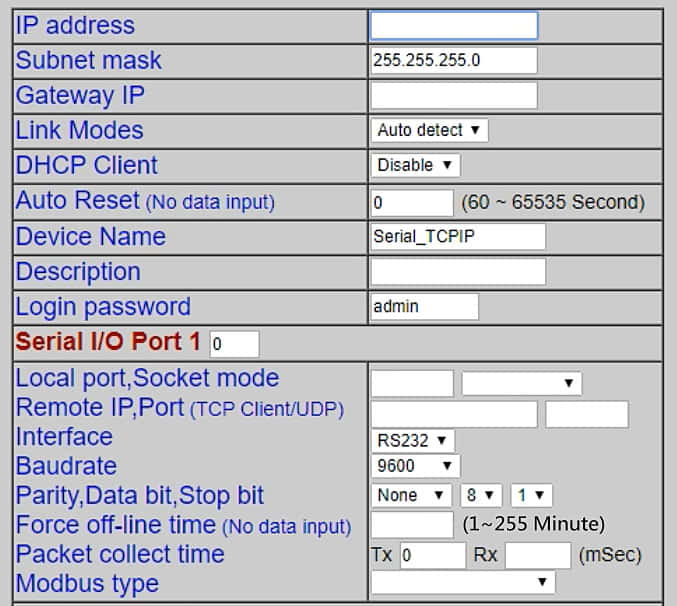 IP and Serial ports setting fields for SE731 EM731 LR200EM